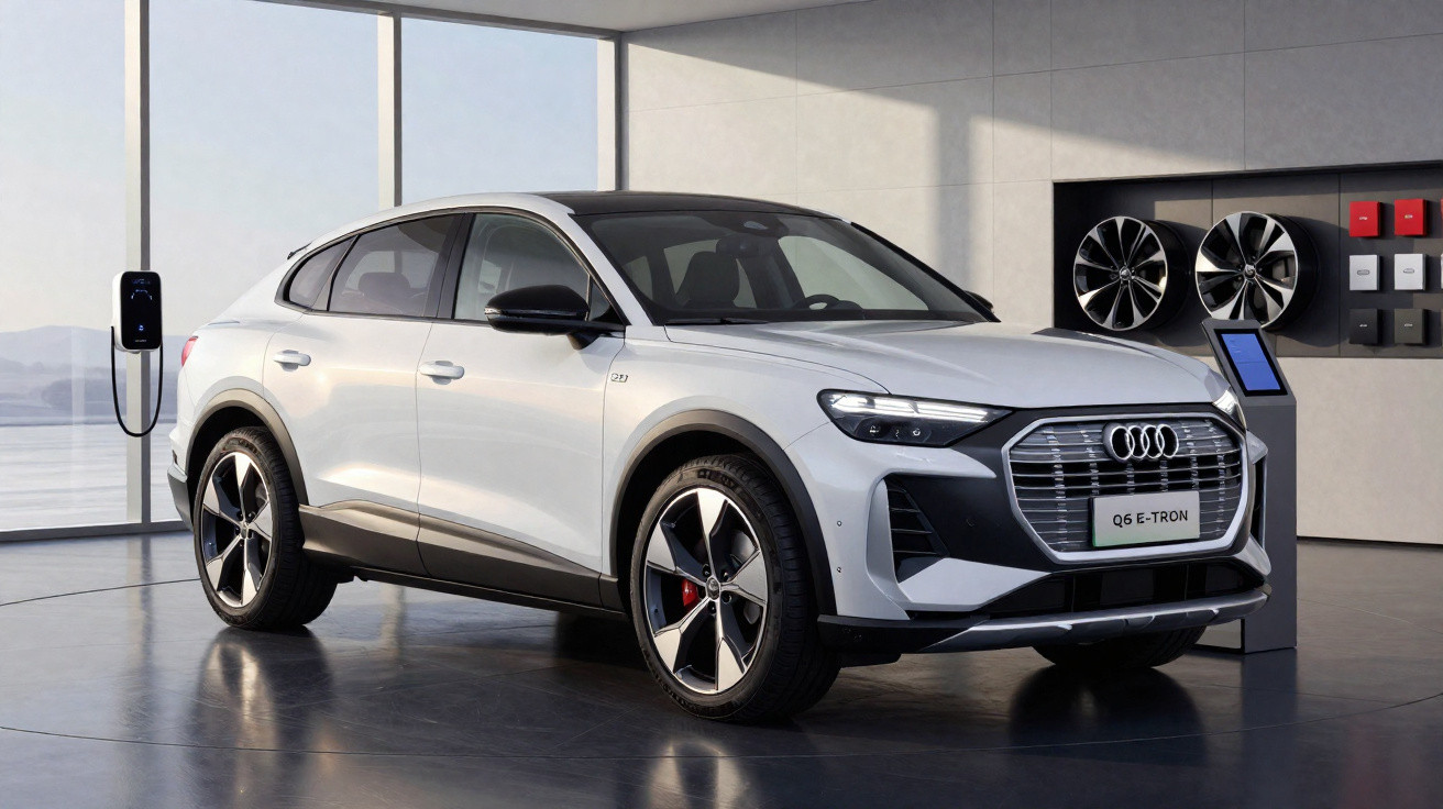 Audi Q6 E-Tron branco estacionado em showroom moderno com carregador elétrico e rodas expostas na parede.
