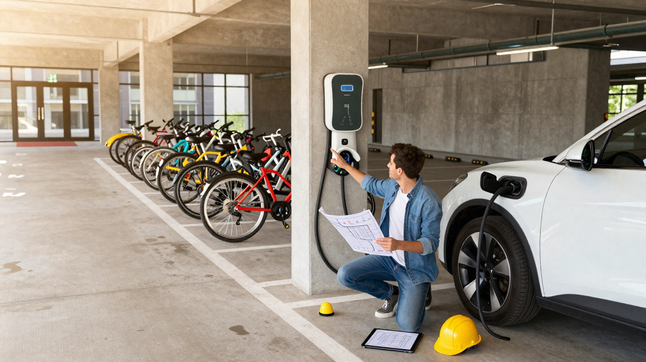 Homem a carregar carro elétrico numa garagem com bicicletas estacionadas ao fundo.