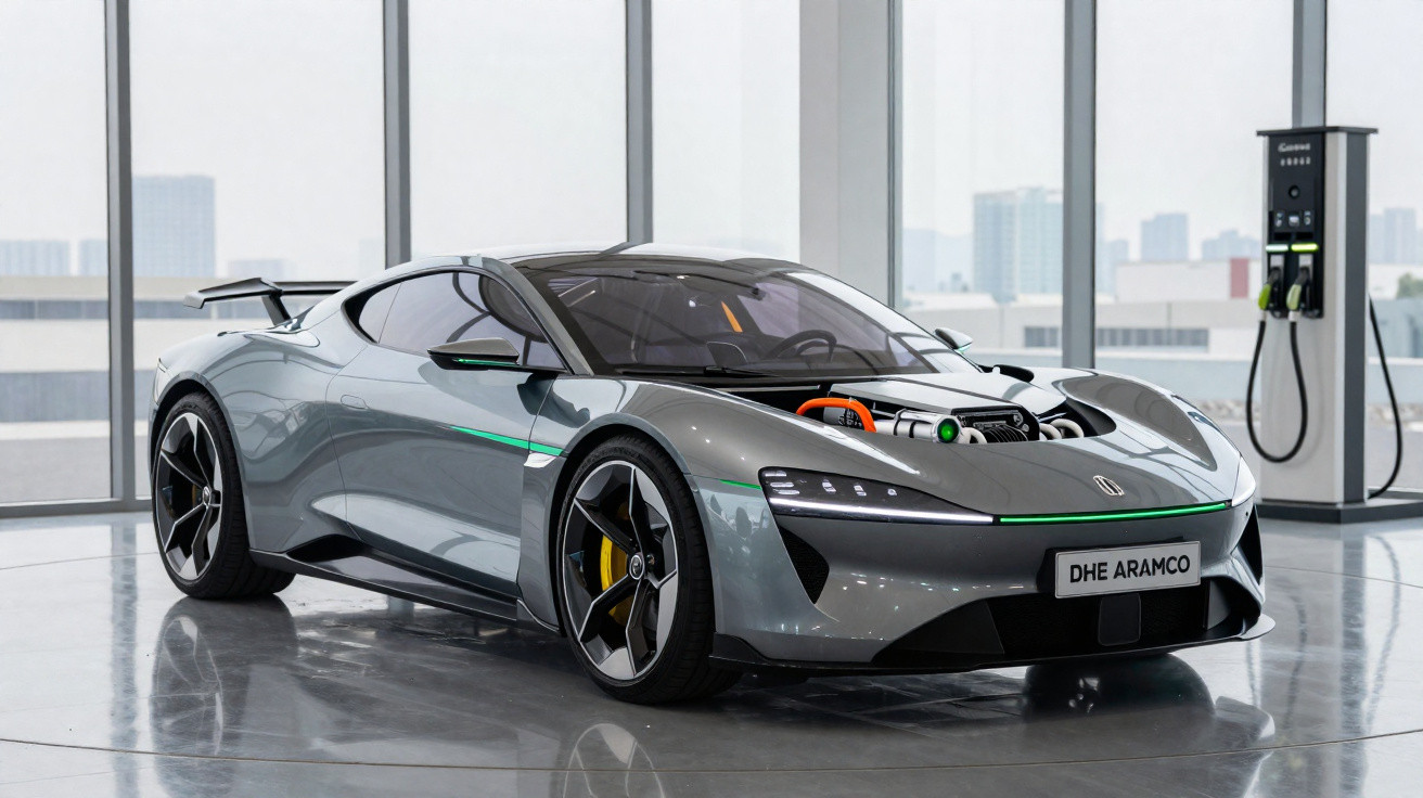 Carro desportivo elétrico cinzento brilhante num showroom moderno com motor exposto na frente e carregador ao fundo.