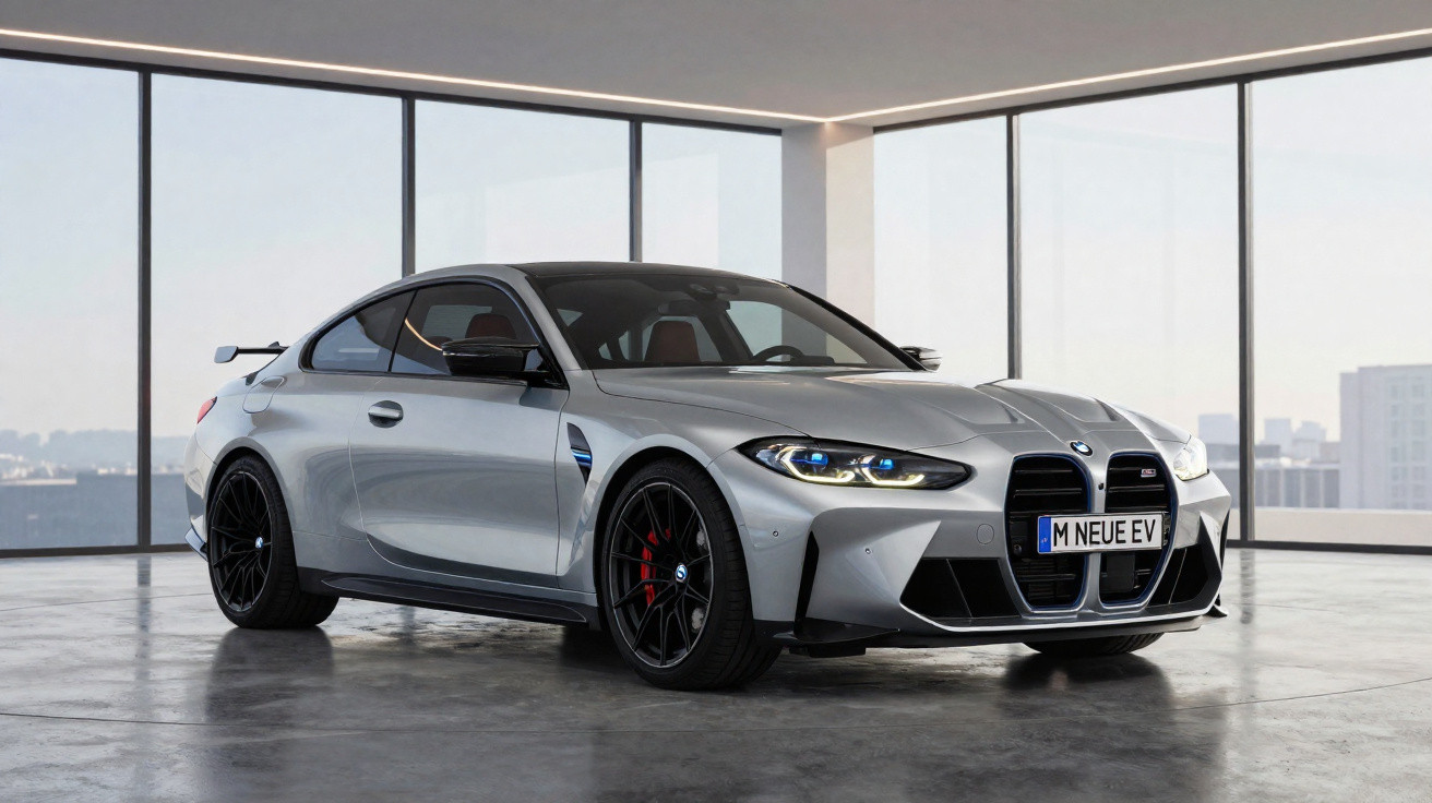 Carro desportivo BMW cinzento estacionado numa garagem com janelas amplas e vista urbana.