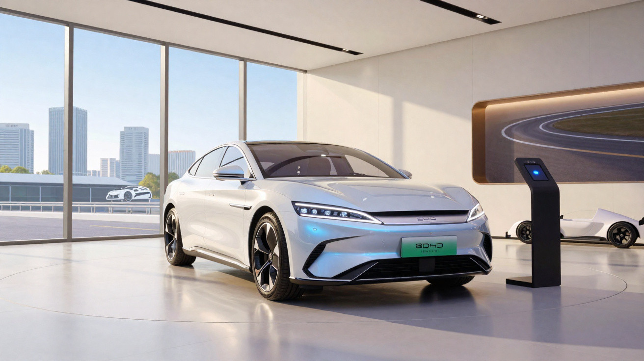 Carro elétrico prateado de quatro portas em exposição numa sala moderna com janelas grandes e edifícios ao fundo.
