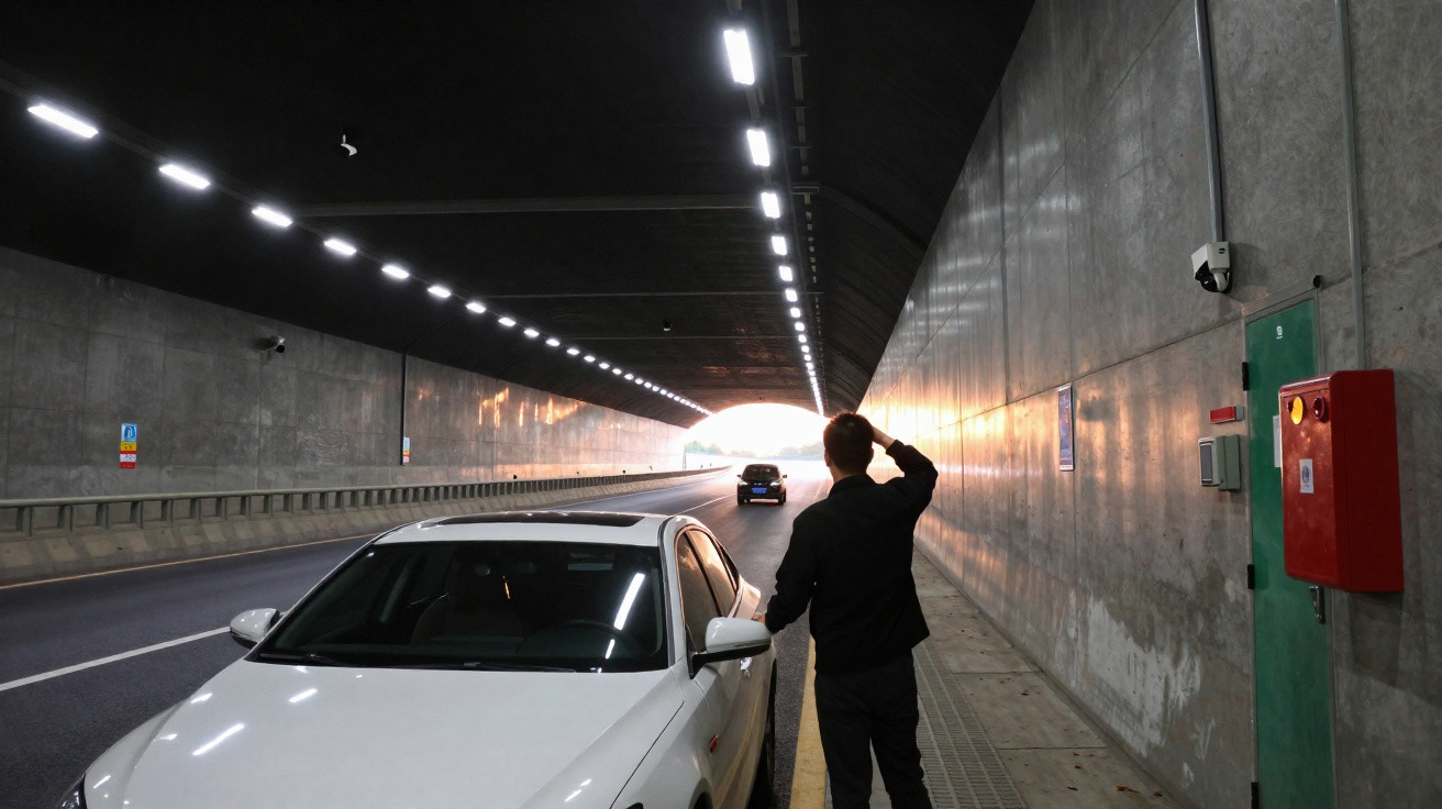 Homem de costas ao lado de carro branco parado num túnel iluminado com outro carro ao longe.