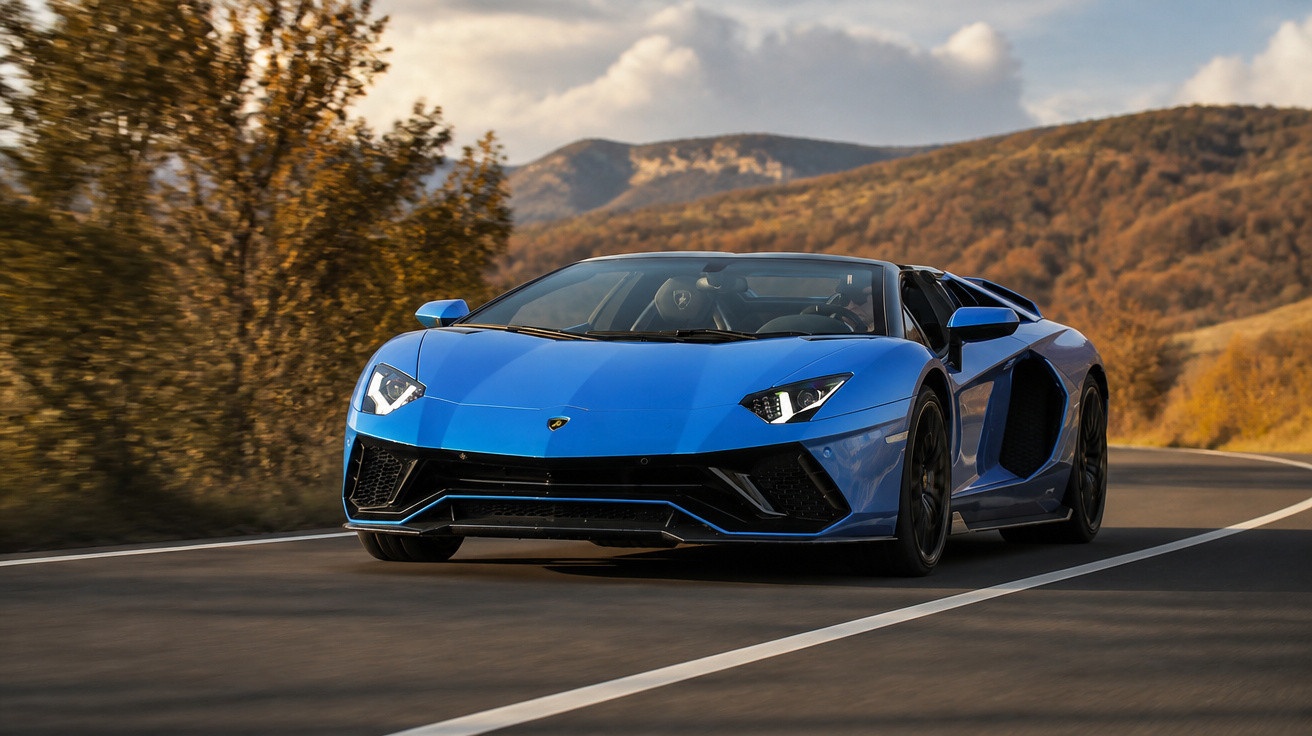 Carro desportivo azul a circular numa estrada sinuosa com árvores e montanhas ao fundo.