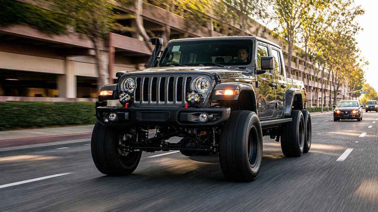 Veículo 6x6 preto a circular numa estrada urbana com árvores e edifícios ao fundo.