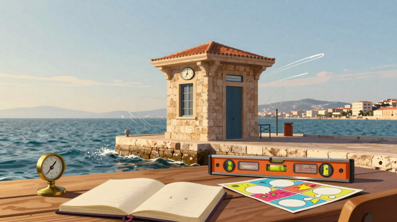 Diário aberto, nível de bolha, manómetro e desenho colorido numa mesa junto ao mar com edifício antigo e relógio.