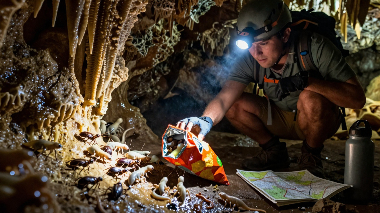 Explorador com capacete e luz de cabeça alimenta insectos numa caverna junto a um mapa aberto no chão.