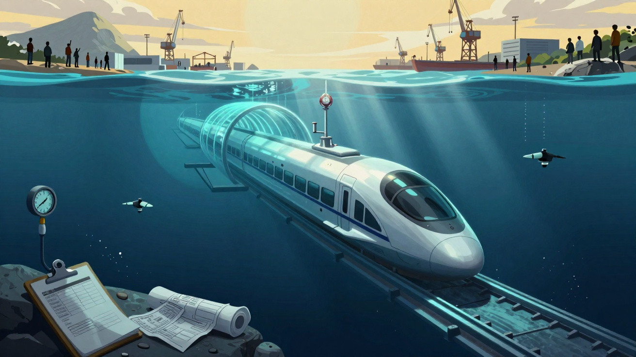 Túnel submarino com comboio de alta velocidade em andamento, pessoas observam nas margens portuárias ao fundo.