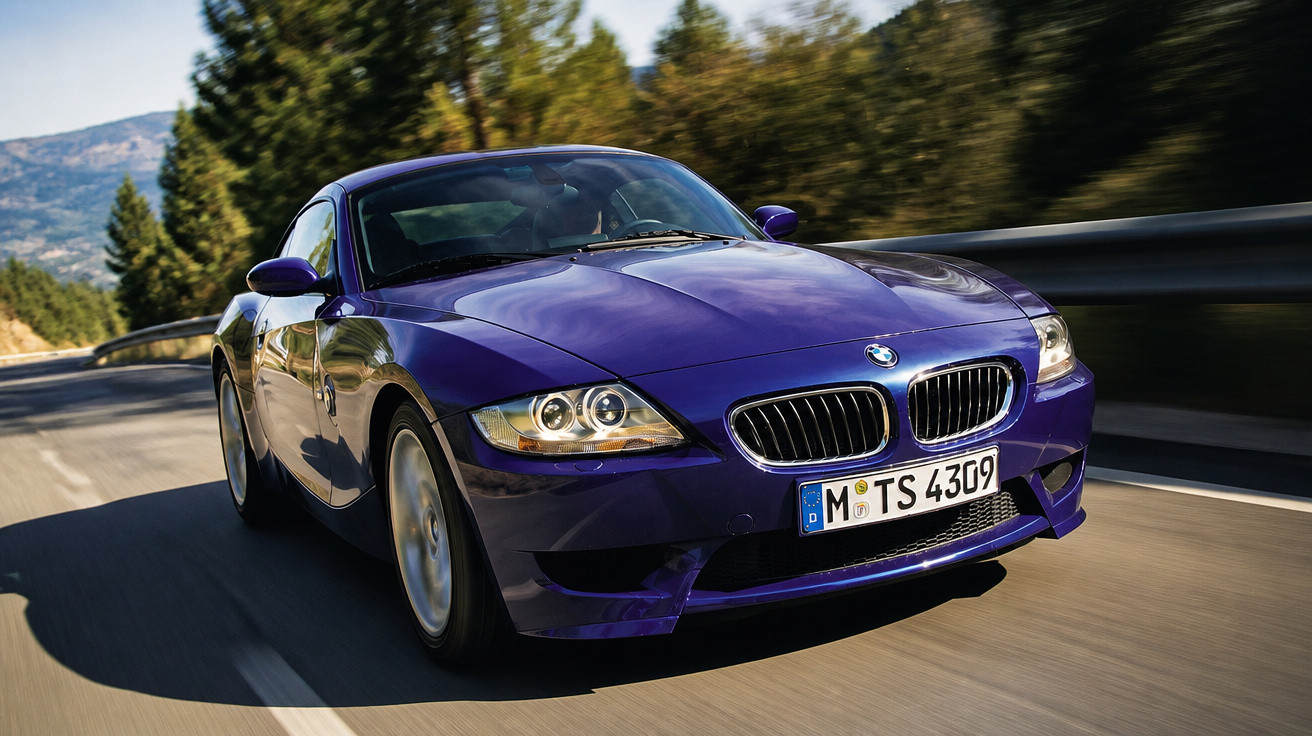 Automóvel desportivo BMW azul a circular numa estrada rodeada de árvores e montanhas.