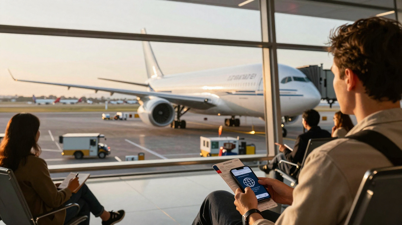 Passageiros aguardam no aeroporto com avião da Air France estacionado junto ao portão.