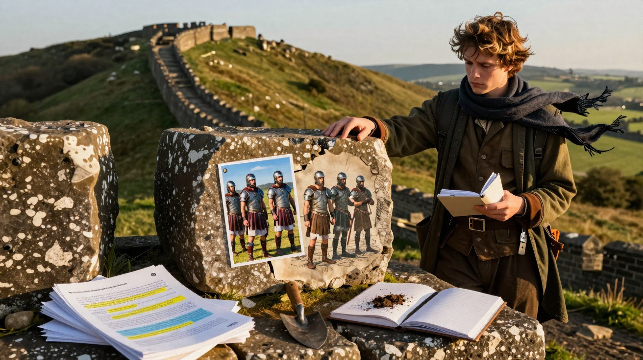 Jovem com livros estuda imagens de guerreiros antigos numa fortificação histórica em ambiente natural.