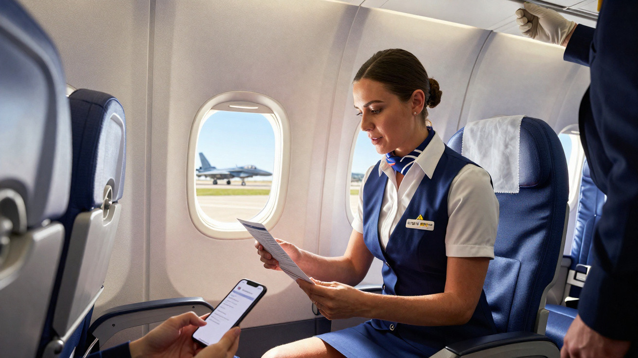 Comissária de bordo sentada no avião a ler um documento, com uma pessoa à frente a usar telemóvel.