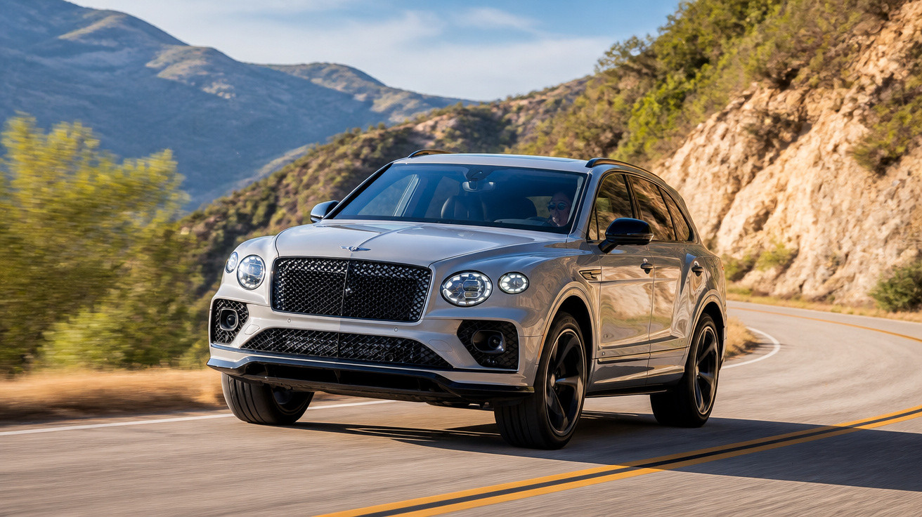 Carro SUV de luxo a circular numa estrada de montanha com vegetação e céu azul.