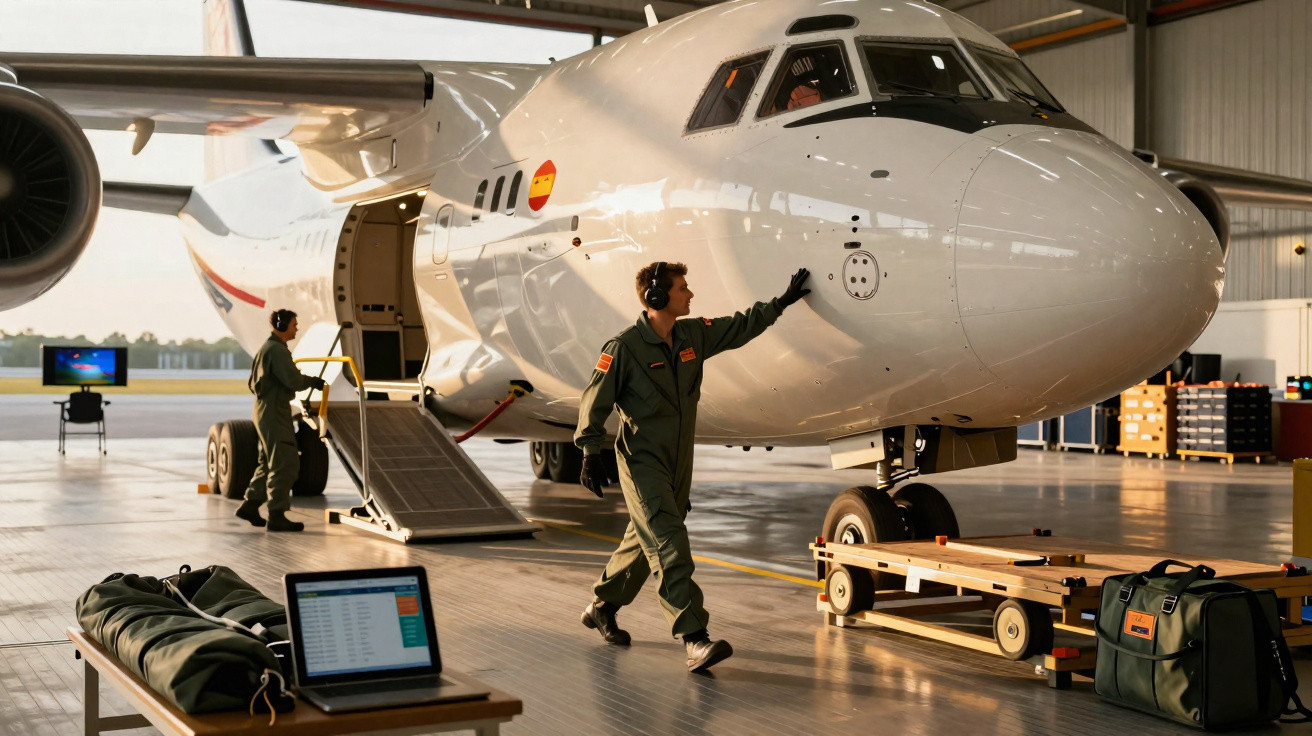 Técnicos em uniformes verdes trabalham na inspeção e manutenção de um avião branco numa hangar iluminada.