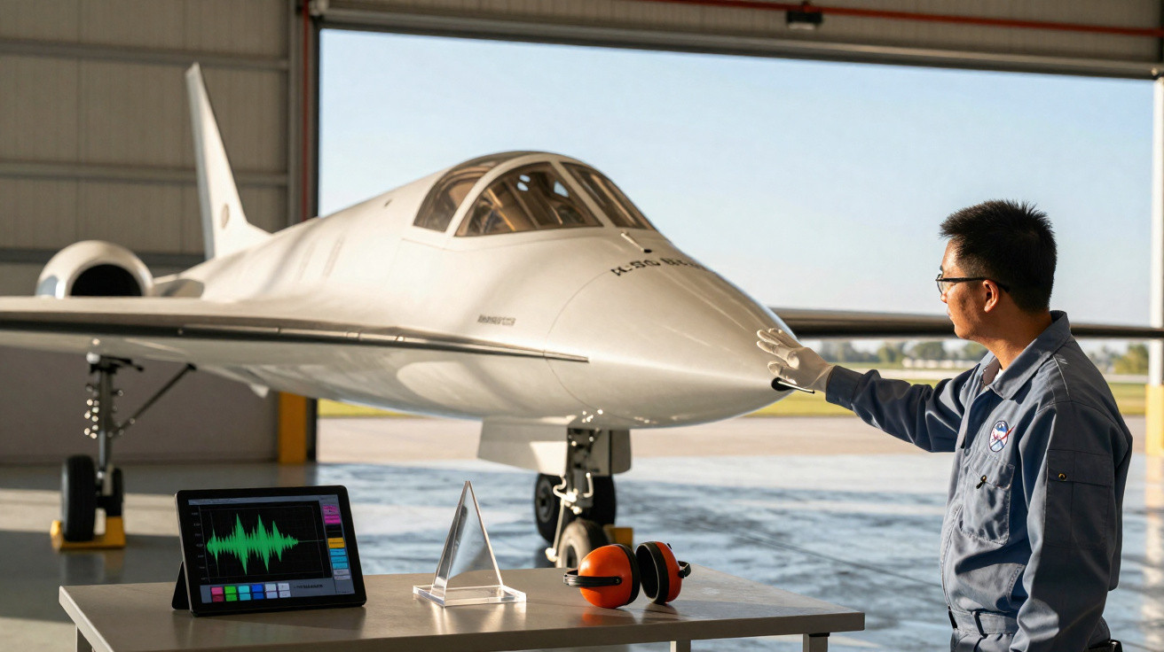 Engenheiro inspeciona avião supersónico branco numa hangar com equipamento de medição numa mesa.