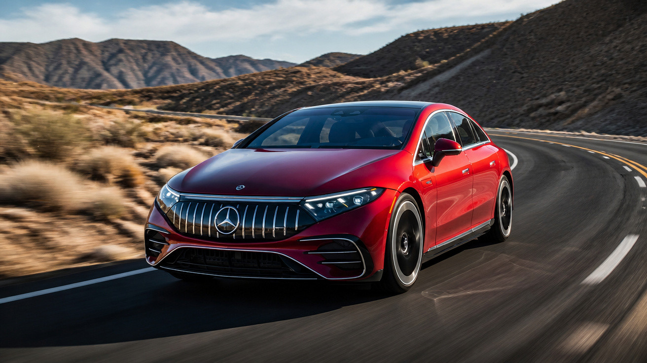 Carro elétrico Mercedes-Benz vermelho a circular numa estrada curva em zona montanhosa seca.