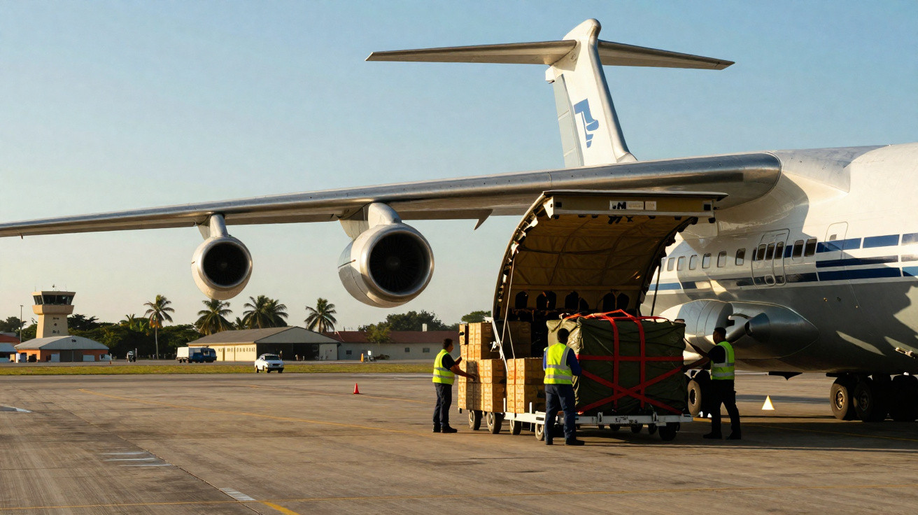 Pessoal de aeroporto a carregar mercadorias no porão aberto de um avião cargueiro numa pista ao entardecer.