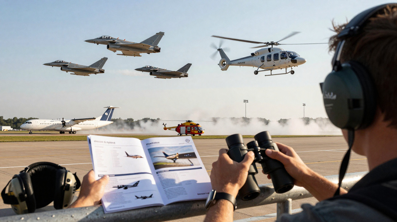 Homem com auscultadores observa com binóculos jatos e helicópteros em aeroporto com manual aberto.
