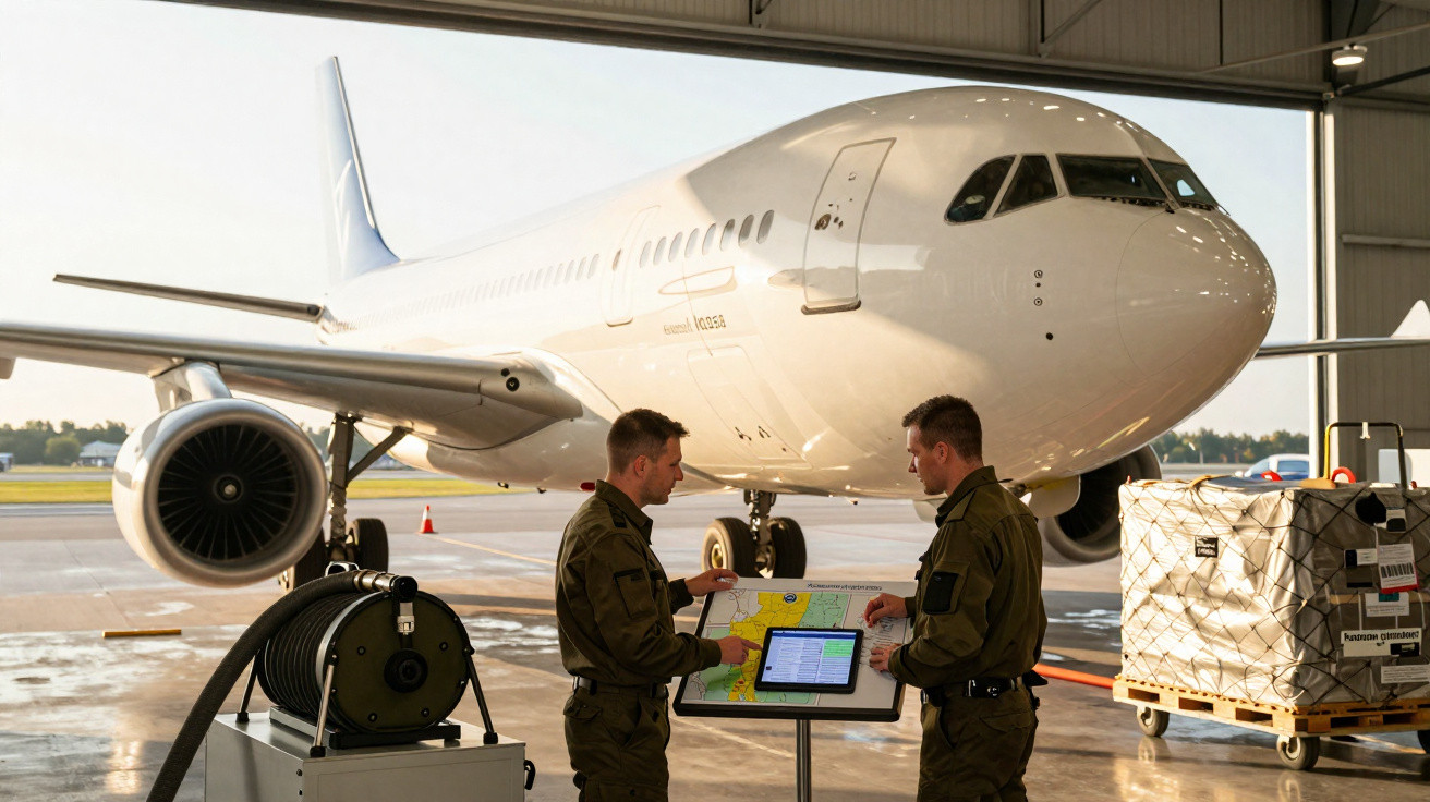 Dois homens em uniformes militares consultam mapas junto a um avião branco numa hangar de aeroporto.