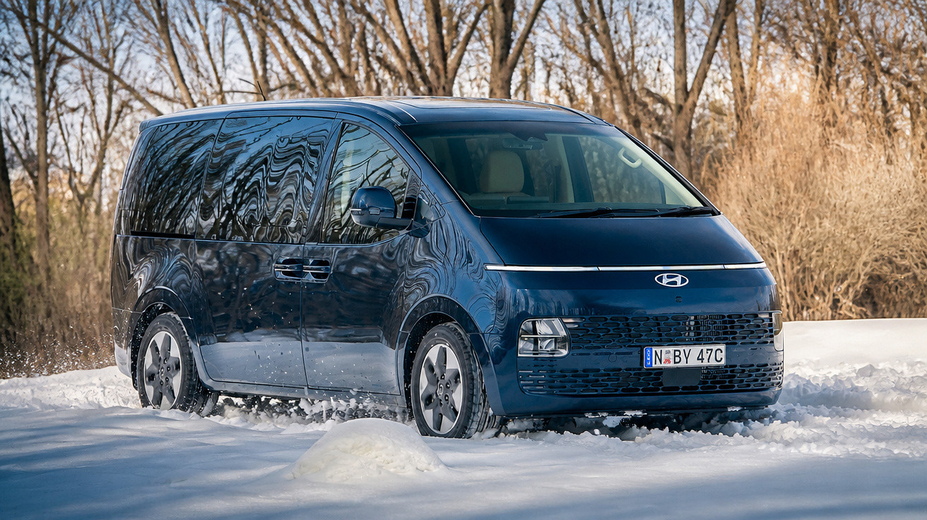 Carrinha Hyundai azul a circular na neve com árvores secas ao fundo numa paisagem invernal.