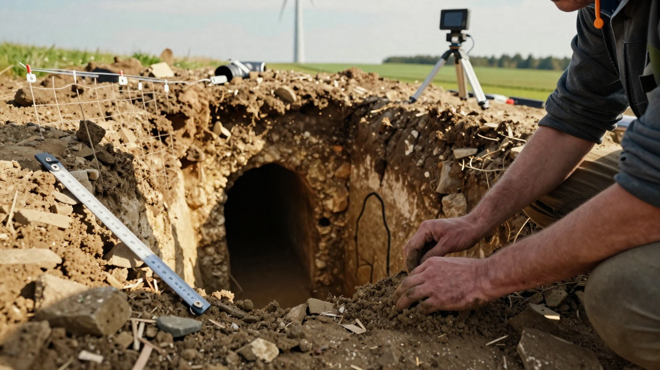 Mãos de arqueólogo a escavar junto à entrada de um túnel antigo em zona rural durante a escavação.