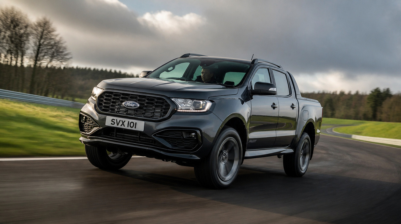 Pickup Ford Ranger preta em movimento numa estrada curva sob céu nublado e árvores ao fundo.