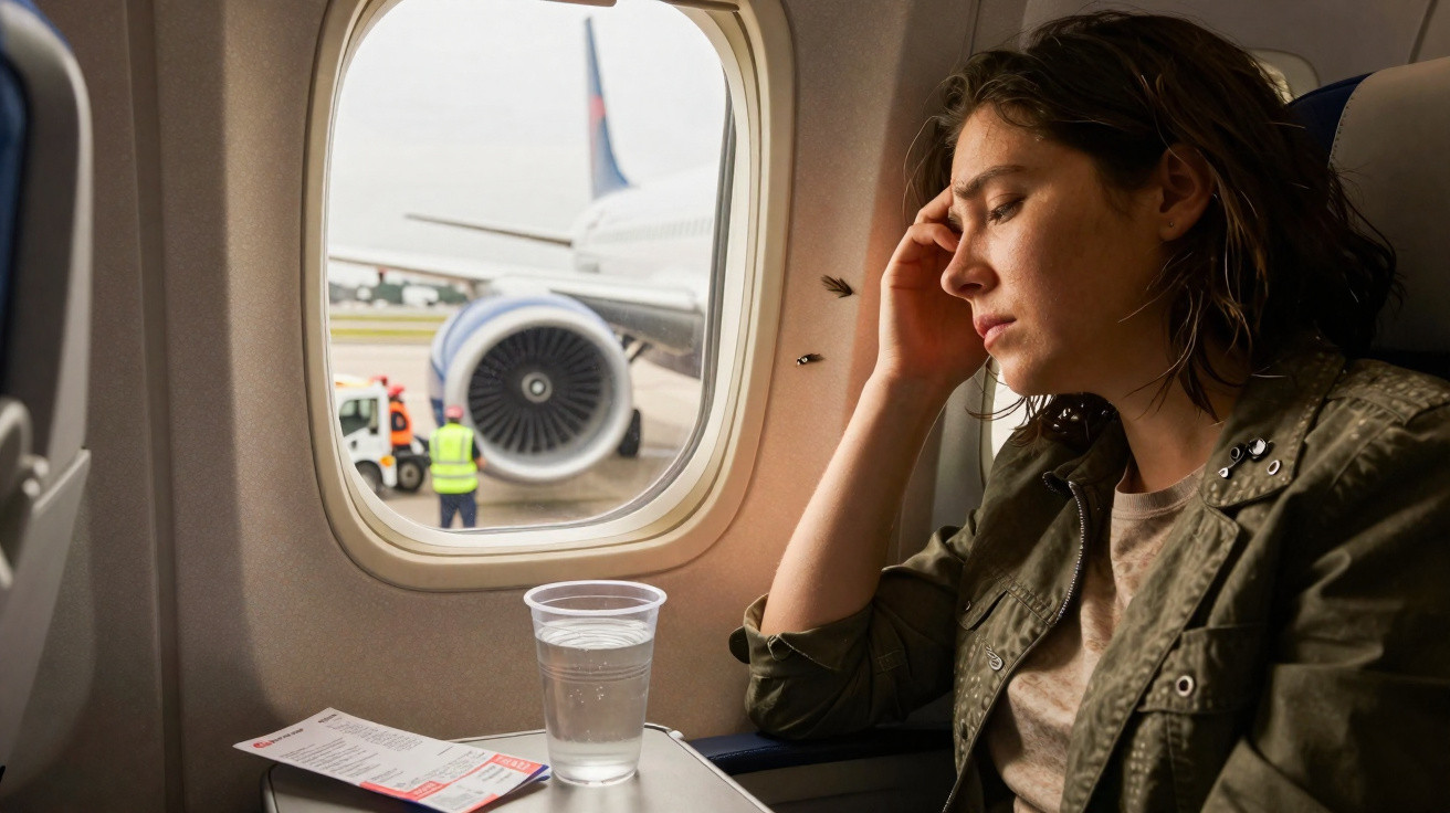 Mulher cansada sentada num avião com copo de água e bilhete na mesa, olhando pela janela para a pista.