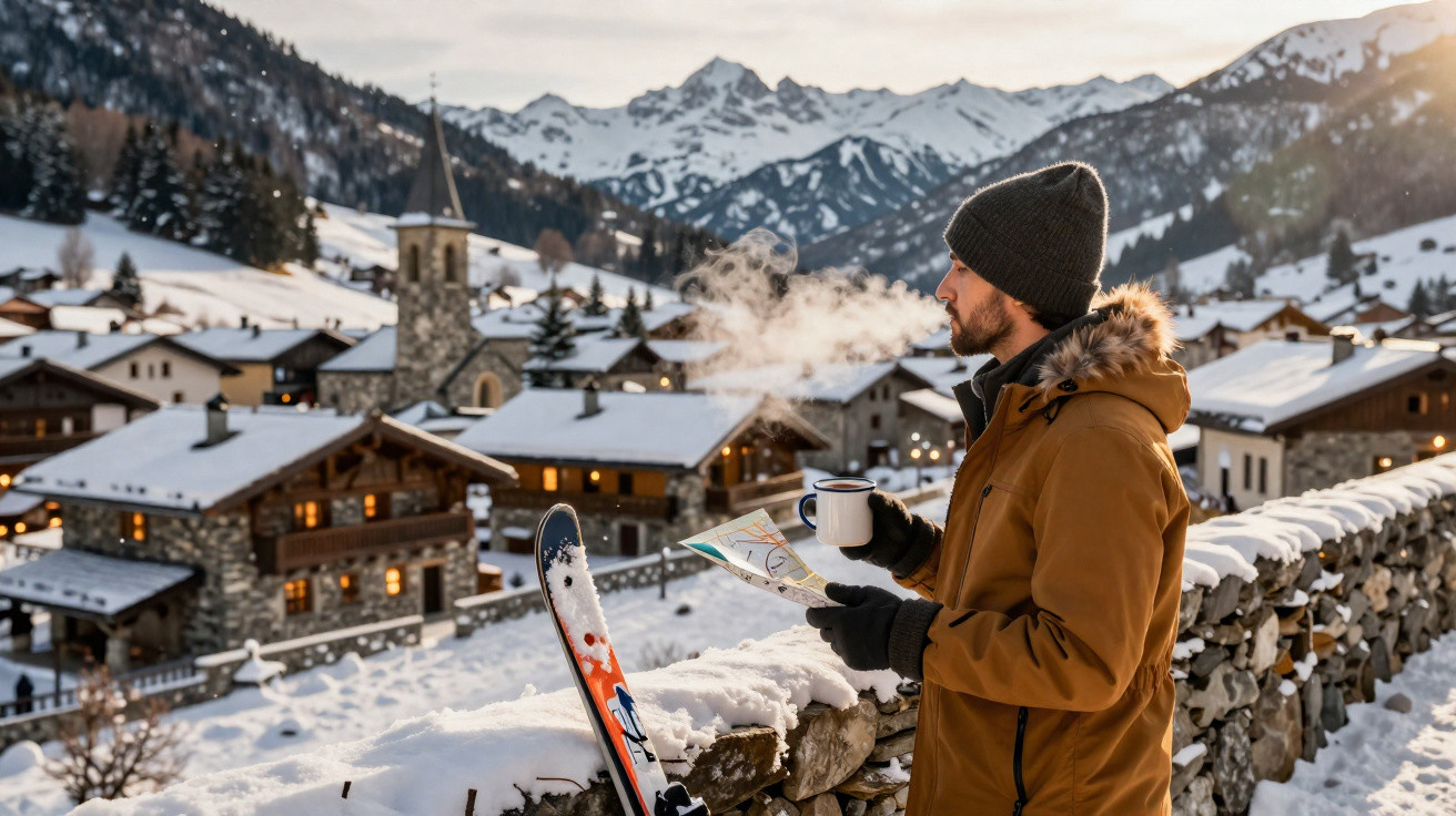 Homem com roupa de inverno, segurando caneca e mapa, olha para aldeia nevada com montanhas ao fundo.
