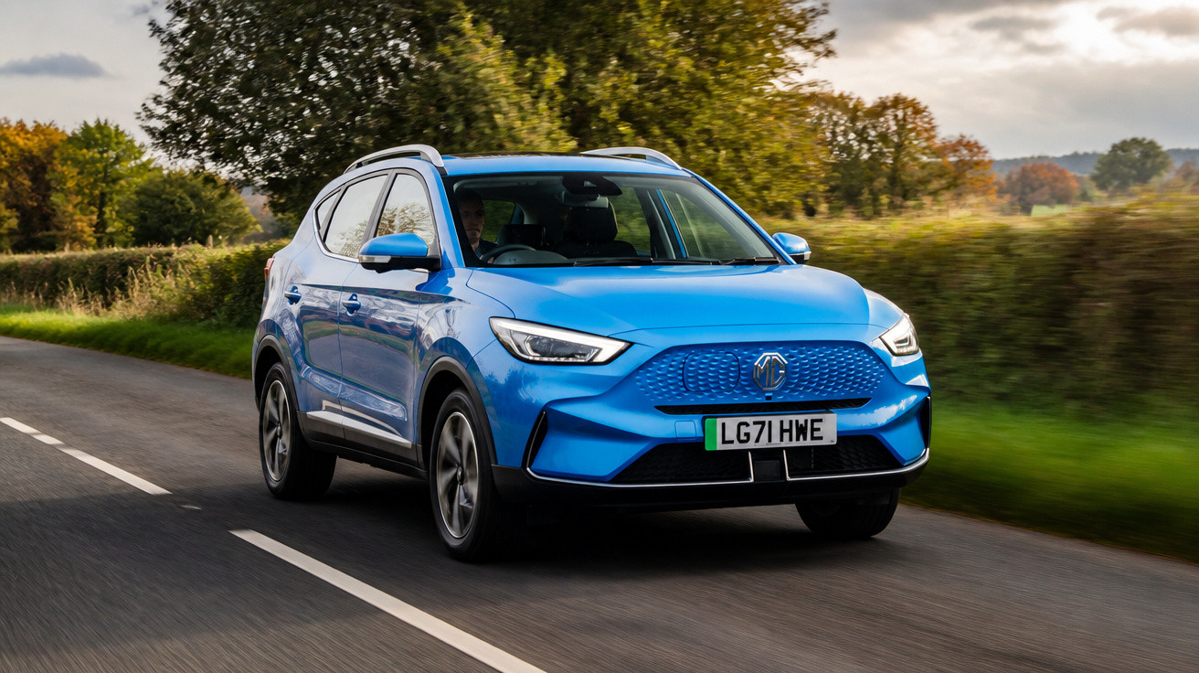 Carro SUV azul em movimento numa estrada rural com árvores e relva ao redor em dia nublado.
