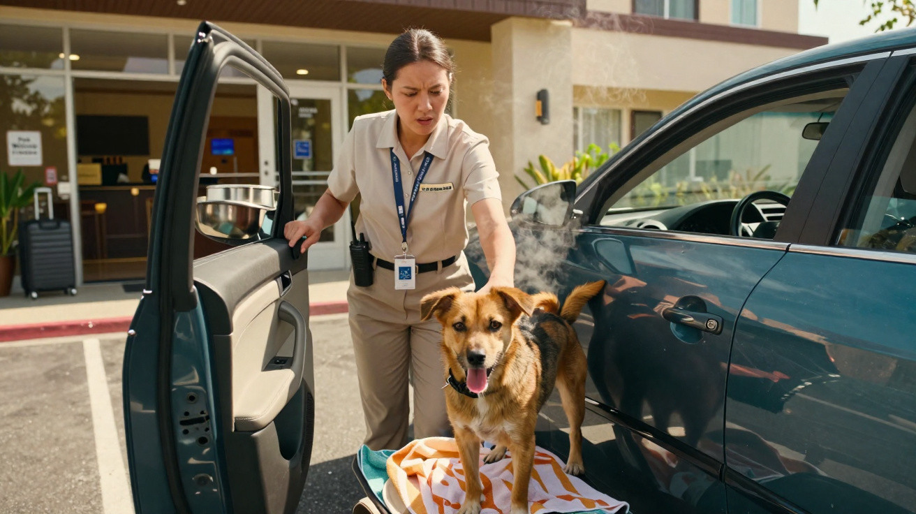 Mulher bombeira resgata cão assustado dentro de carro estacionado ao sol, com porta aberta e vapor saindo do veículo.