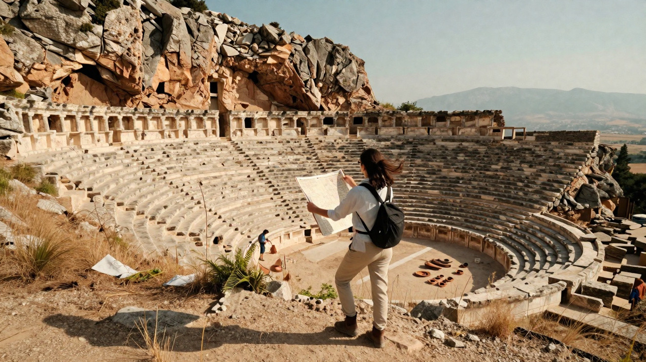 Pessoa com mochila e mapa diante de teatro romano antigo rodeado por rochas e paisagem montanhosa.
