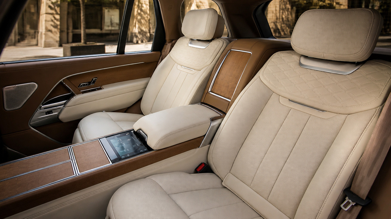 Interior de carro de luxo com bancos em couro bege, detalhes em madeira e ecrã de controlo central.