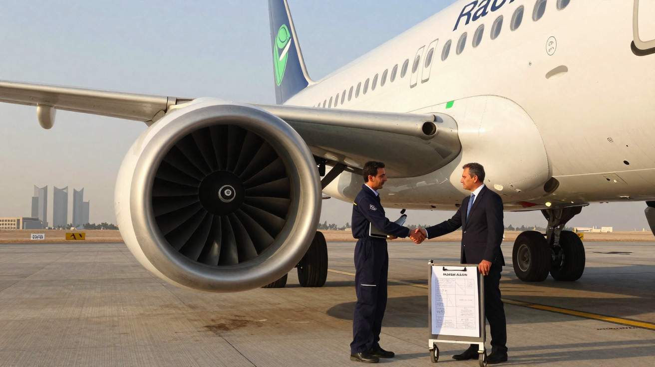 Dois homens apertam as mãos junto a uma turbina de avião numa pista de aeroporto.