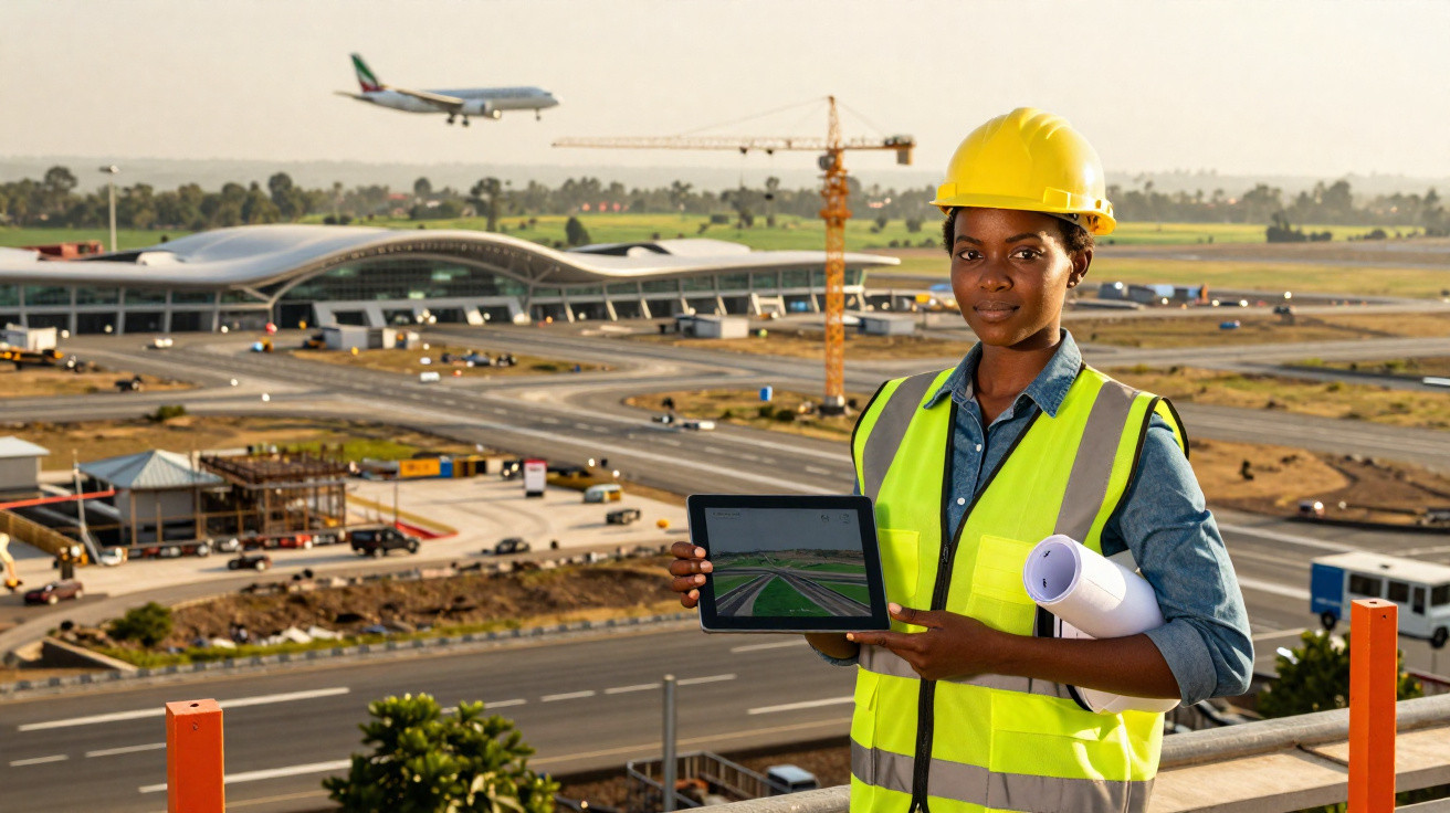 Engenheira de construção em colete e capacete amarelo mostra planta num tablet com aeroporto ao fundo.