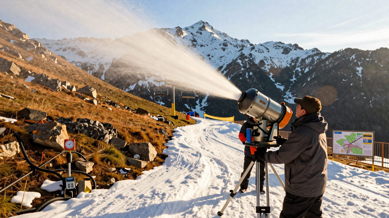 Homem opera canhão de neve artificial numa encosta montanhosa com montes nevados ao fundo.