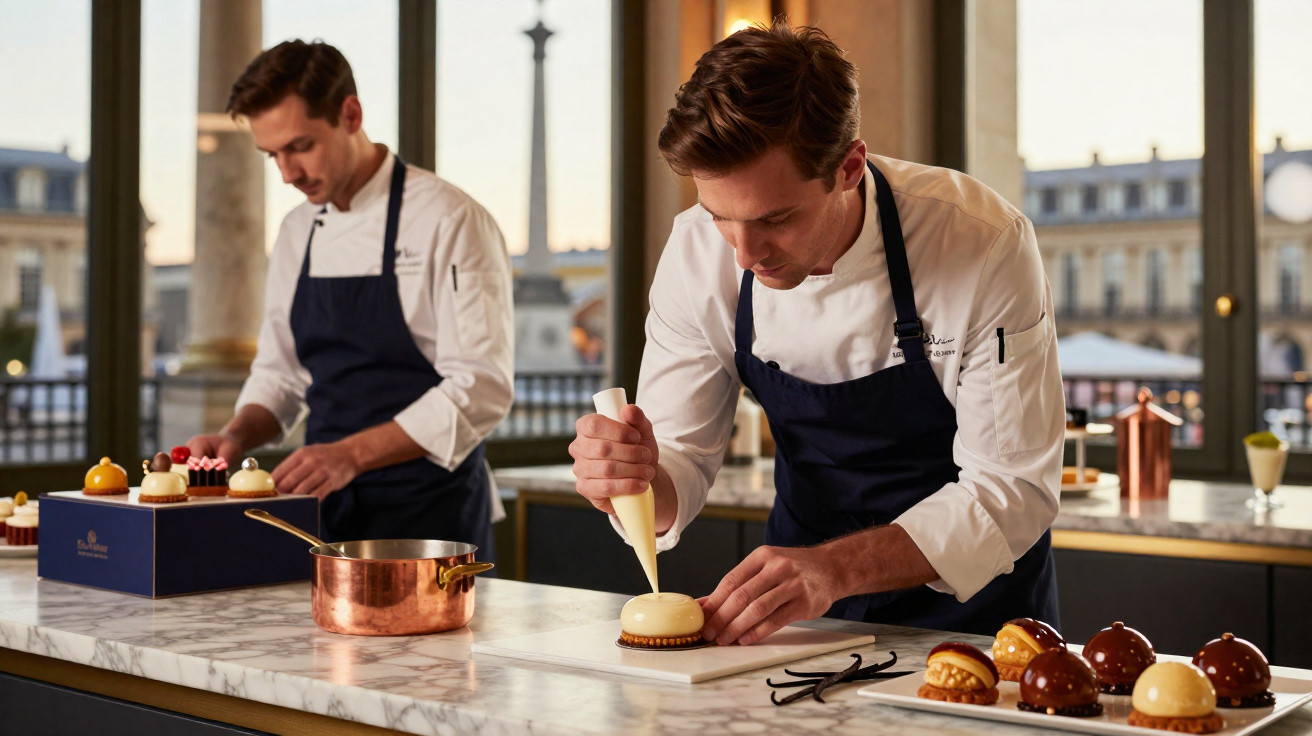 Dois chefs com uniforme, decoram sobremesas numa bancada de mármore numa cozinha luminosa com vista para edifícios históricos