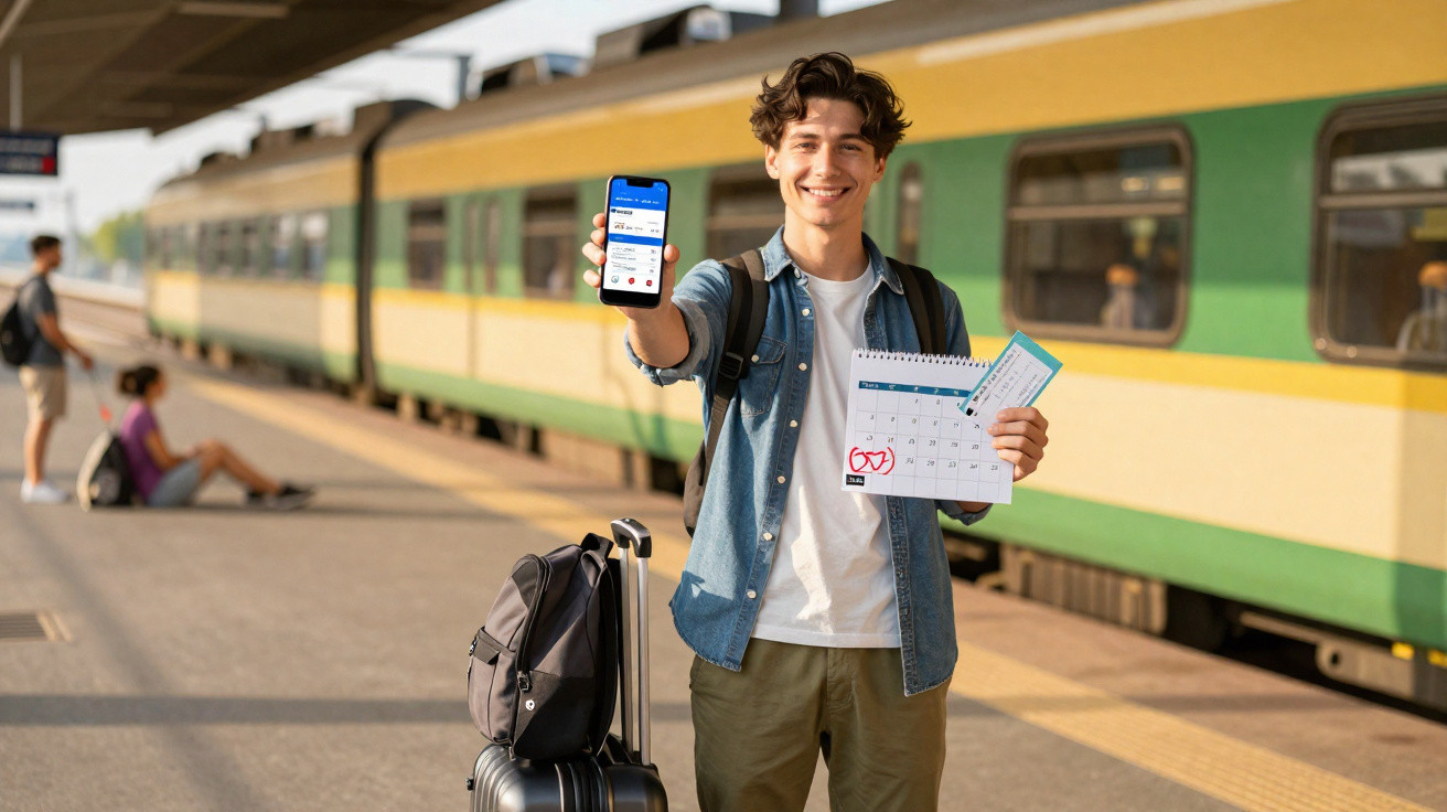 Jovem numa estação de comboios com mochila e mala, mostra calendário e telemóvel com bilhetes digitais.