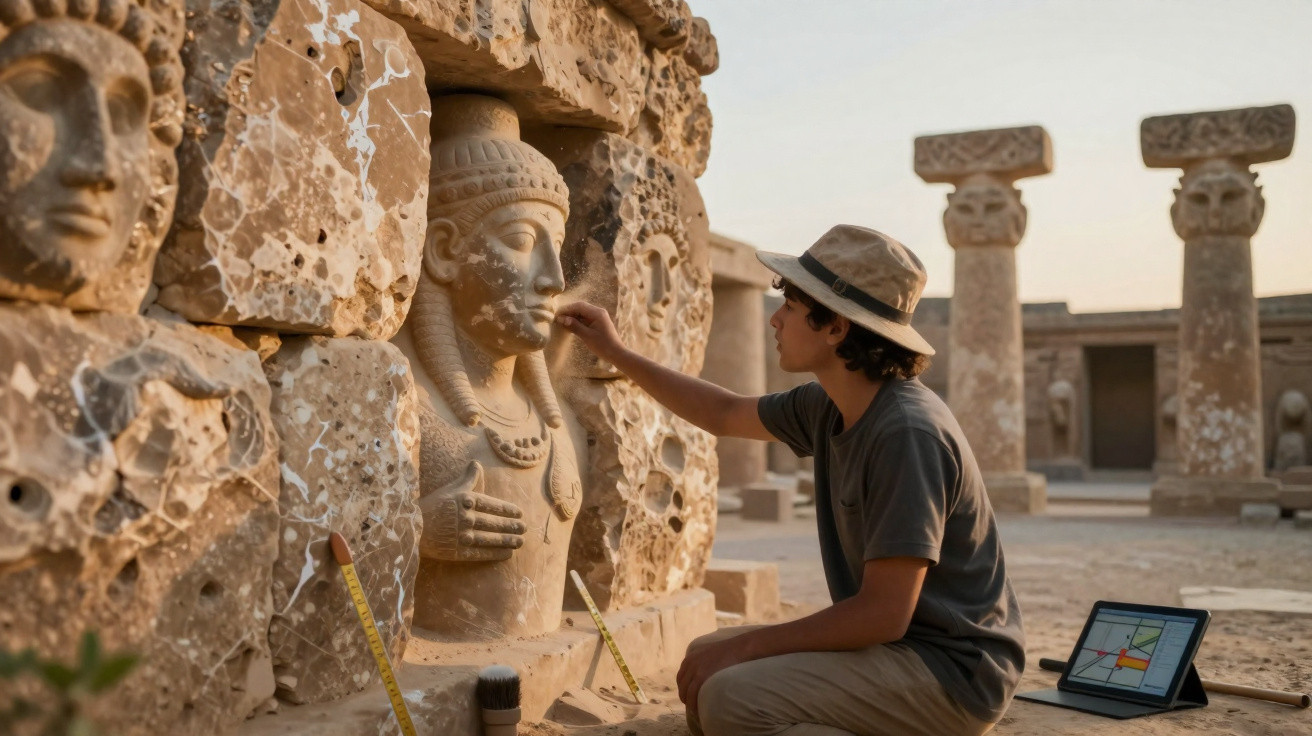 Jovem a restaurar antiga escultura de pedra numa zona arqueológica ao entardecer, com tablet ao lado.