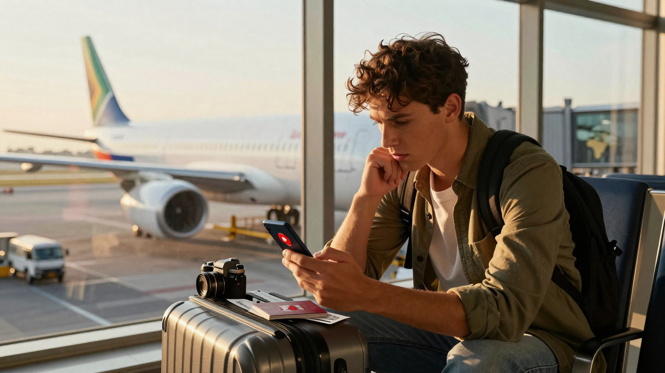 Jovem sentado no aeroporto a usar telemóvel com mala, passaporte e câmera ao lado, avião estacionado ao fundo.