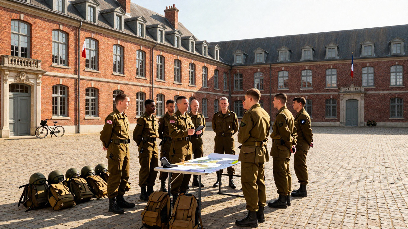 Soldados em uniforme verde reunidos em pátio com mapas sobre mesa, frente a edifício histórico de tijolos.