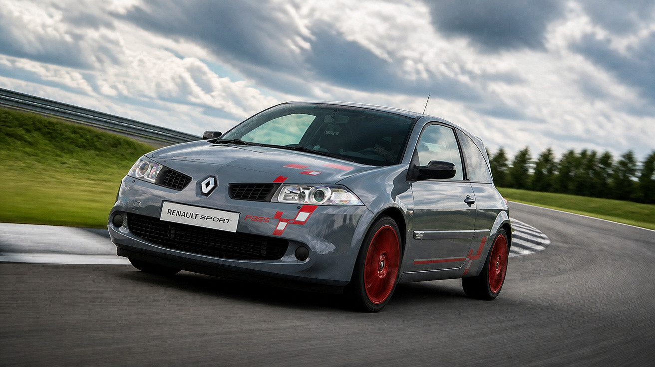 Renault desportivo cinzento com detalhes vermelhos a fazer curva numa pista de corrida sob céu nublado.