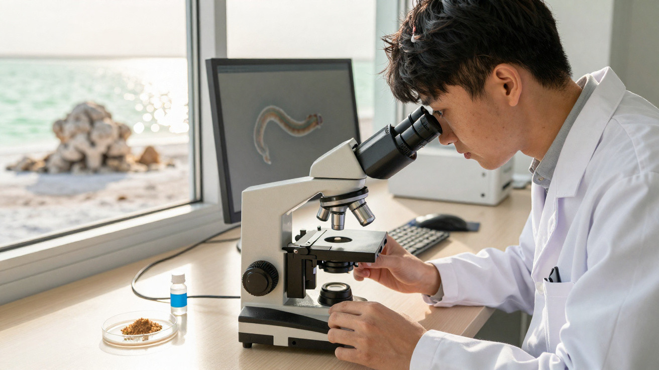 Investigador a observar através de um microscópio numa bancada junto a uma janela com vista para o mar.