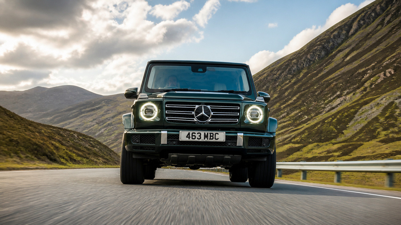 Carro Mercedes-Benz G-Class negro a circular em estrada montanhosa com céu nublado.