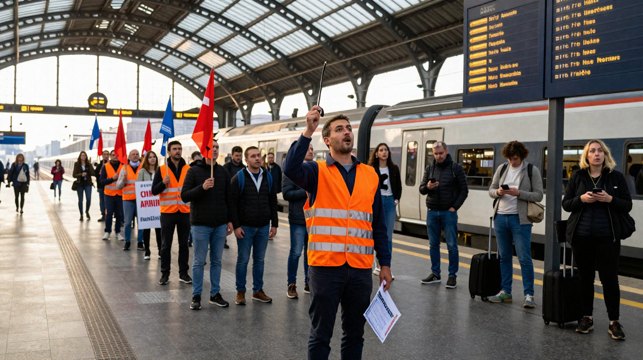 Manifestantes com coletes laranja e bandeiras em protesto numa estação de comboios com passageiros ao fundo.