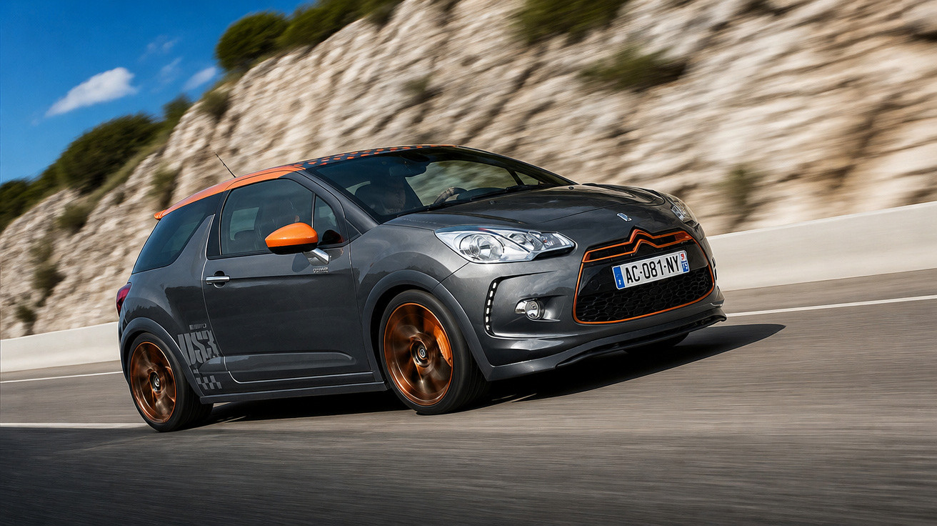 Carro Citroën DS3 cinza com detalhes laranja a circular numa estrada junto a um penhasco rochoso.