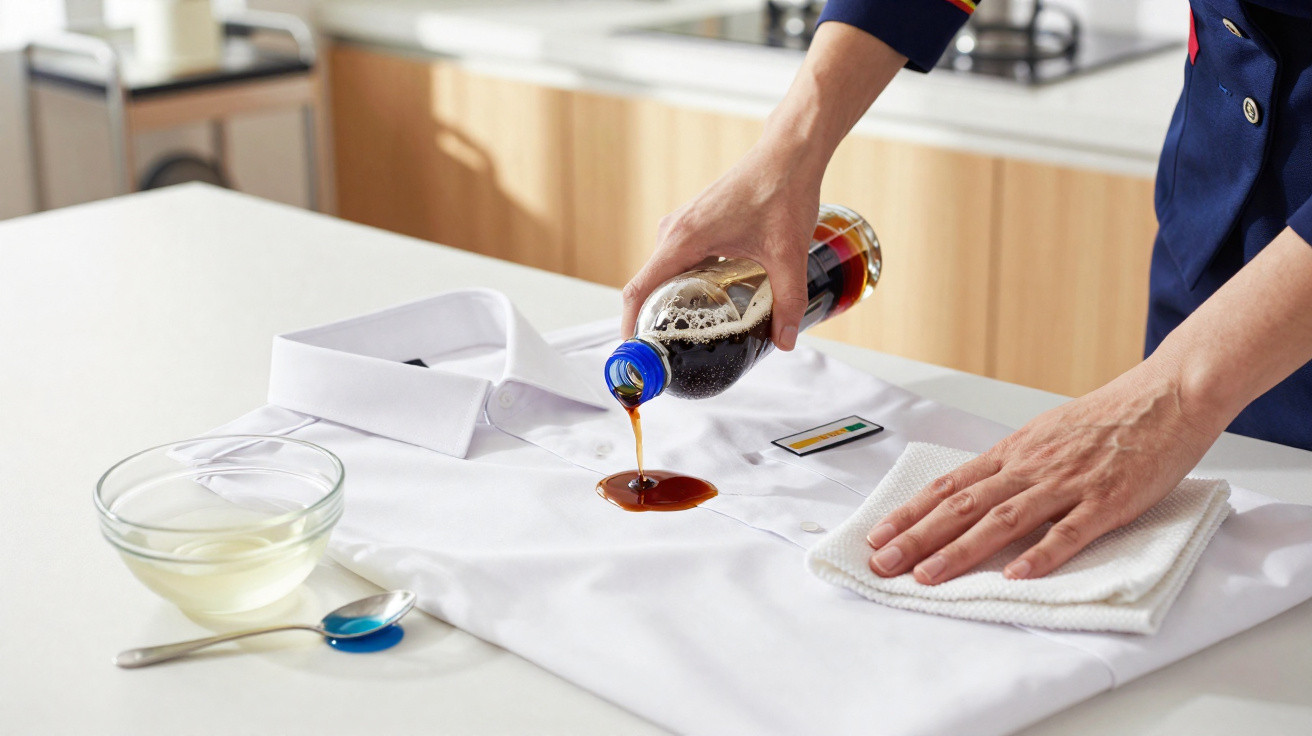 Pessoa a derramar bebida escura sobre uma camisa branca para remover nódoa com limpador e toalha.