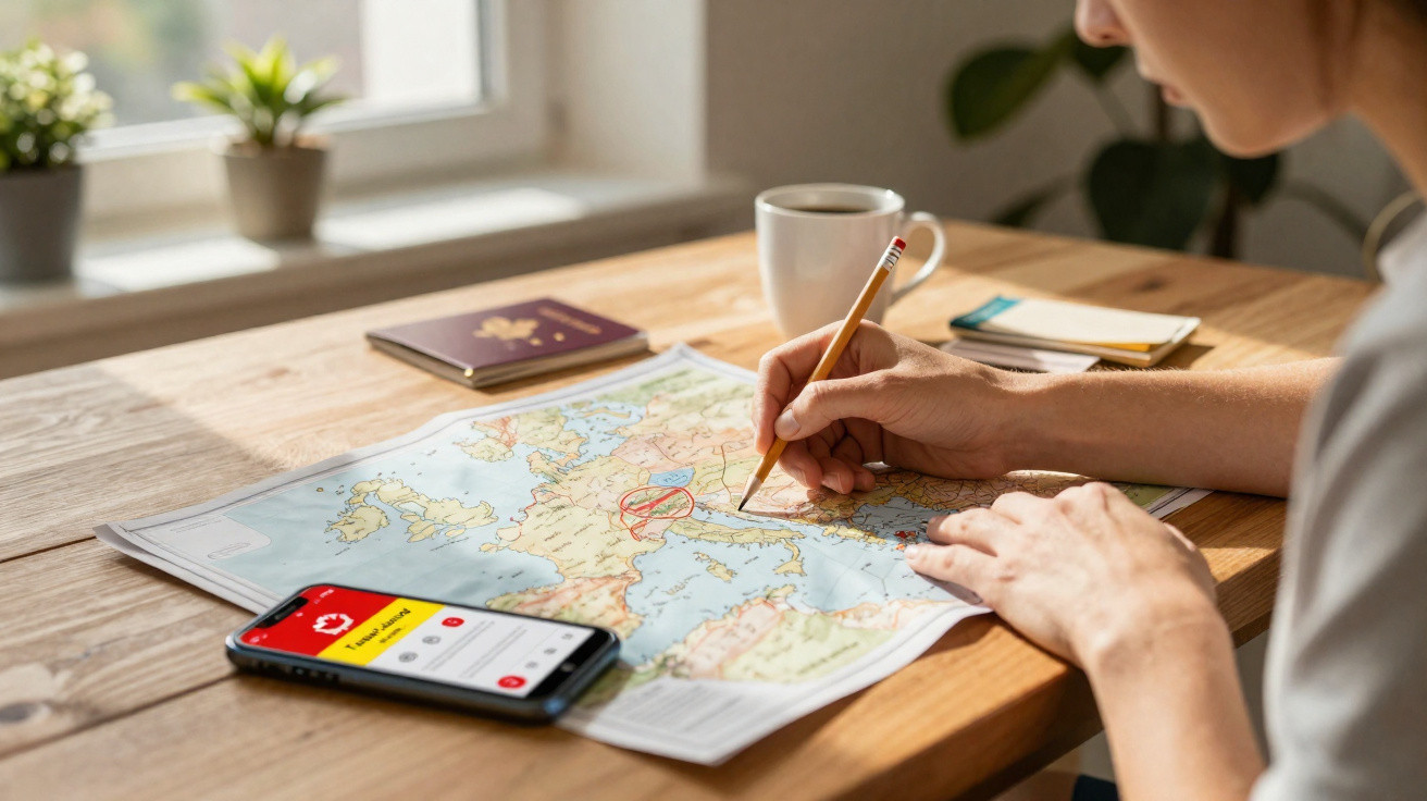 Pessoa a marcar destinos num mapa de viagem, com telemóvel, passaporte e chá numa mesa.