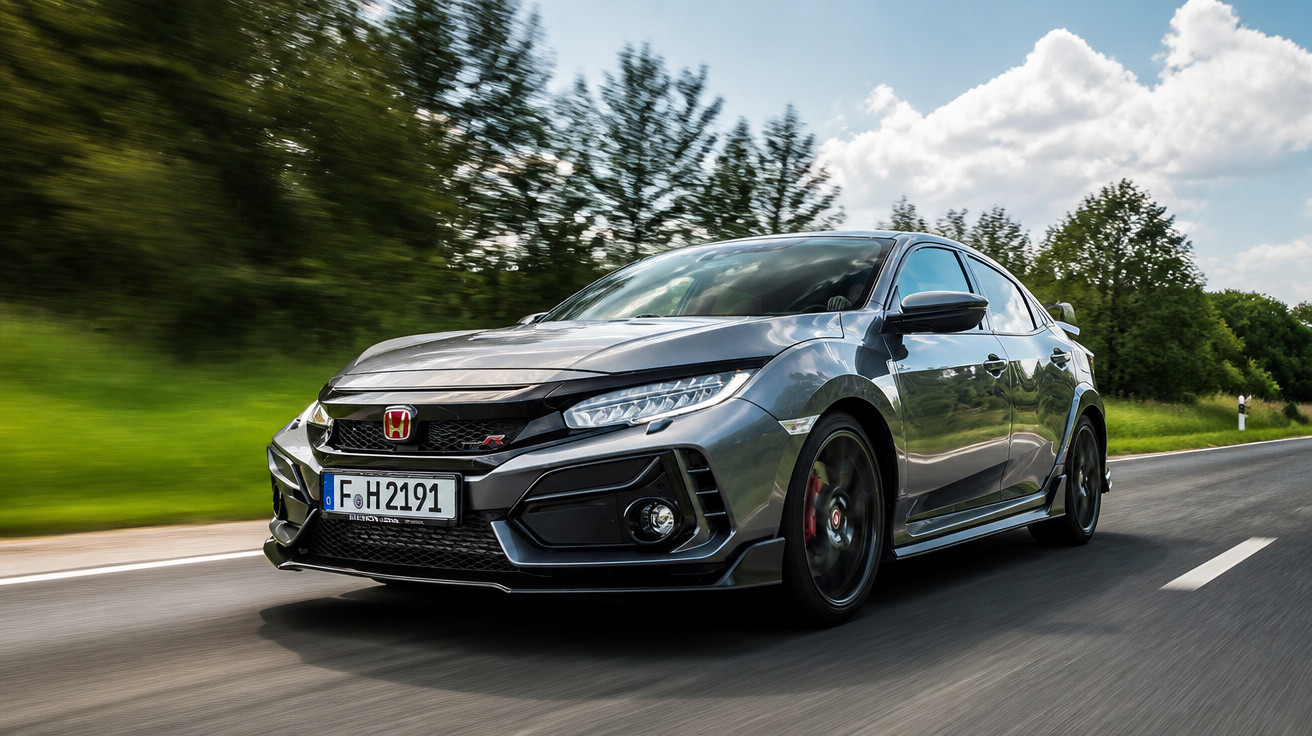 Carro Honda Civic Type R cinza em estrada rodeada de árvores e céu parcialmente nublado.