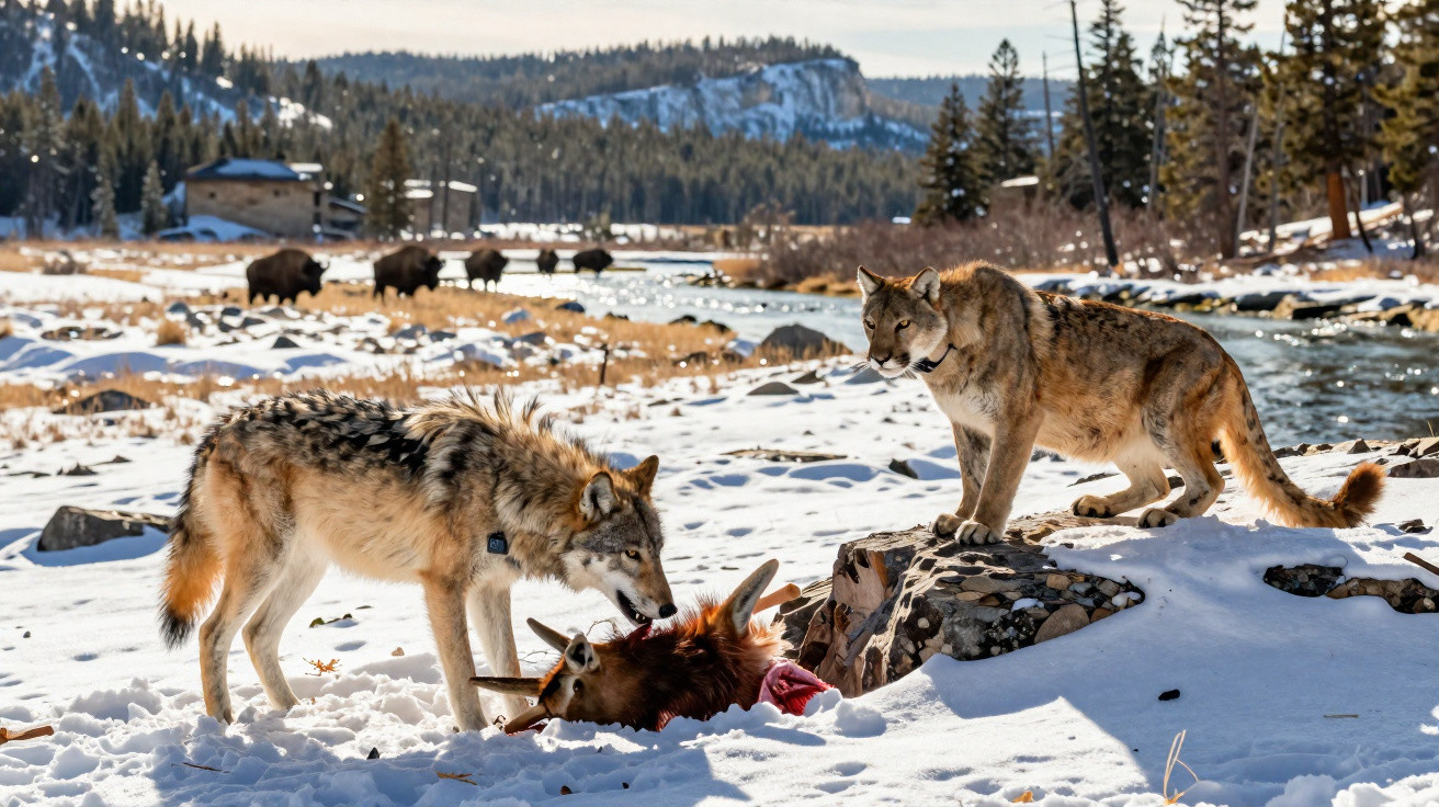 Dois lobos na neve junto a um rio com uma presa abatida e búfalos ao fundo numa paisagem de floresta e montanhas.