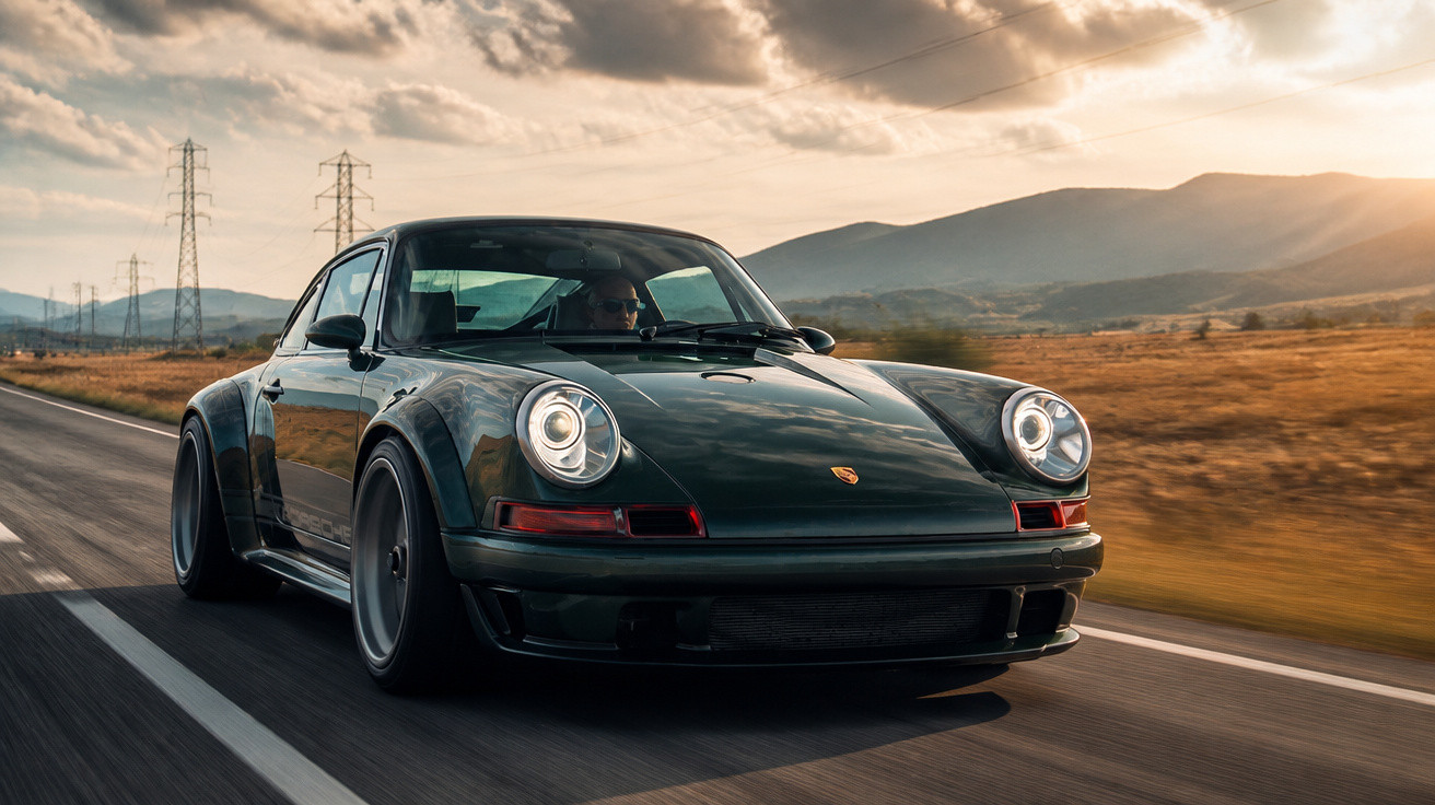 Porsche clássico a circular numa estrada, com montanhas ao fundo e céu parcialmente nublado.
