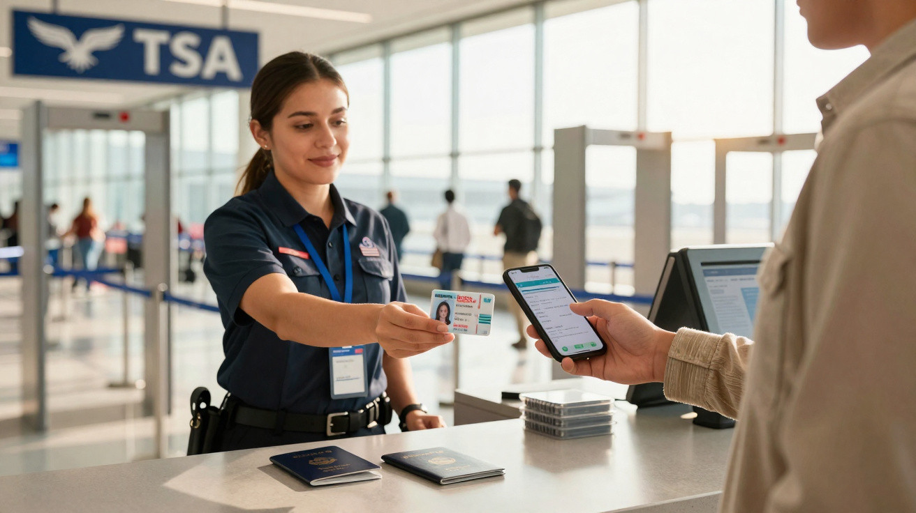 Funcionária da TSA revê documento de identidade e bilhete num controlo de segurança de aeroporto.